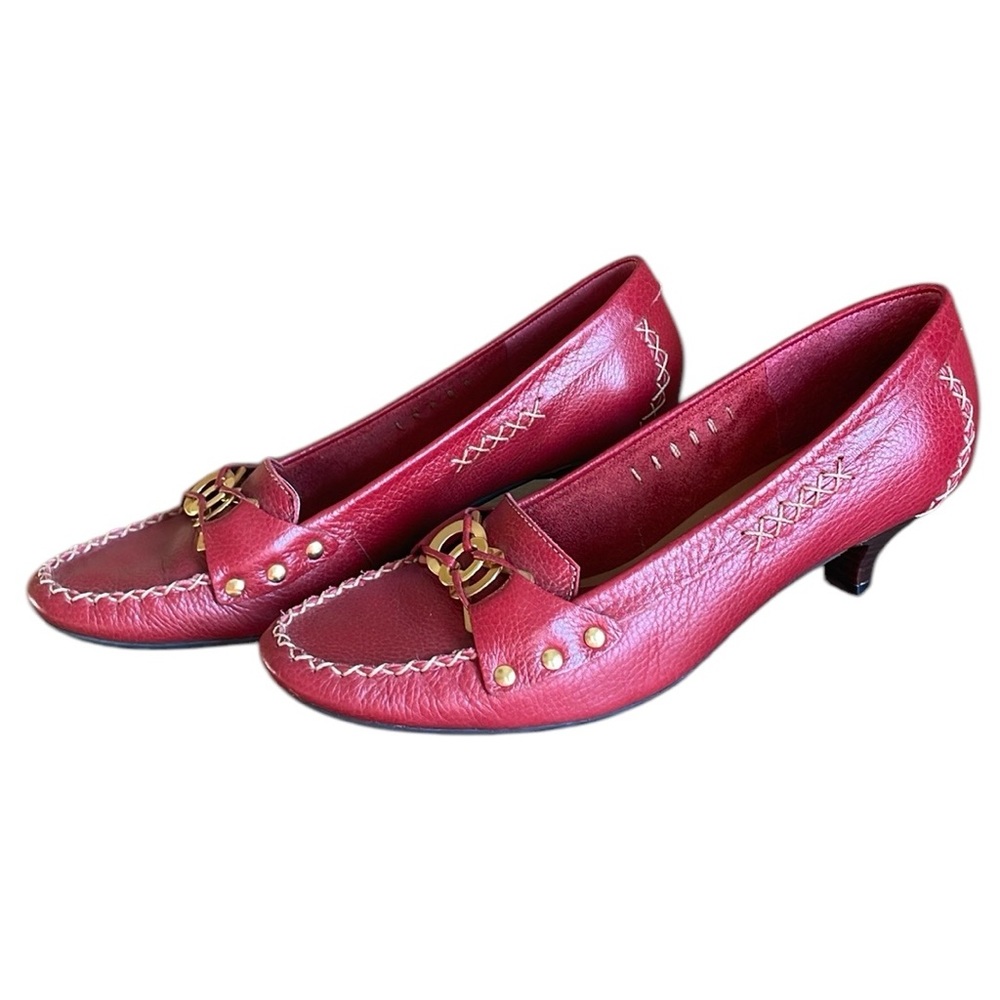 Talbots Red Leather Low Heel Loafers with Gold Trim